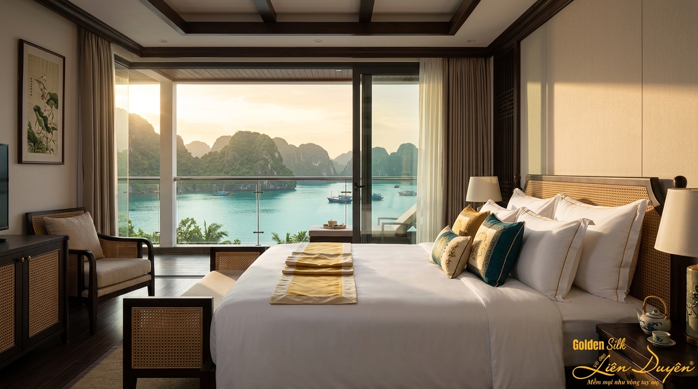 Cách trải ga giường khách sạn chuẩn buồng phòng: Triple Sheet, phẳng mép và gọn phòng 3 Không gian resort villa với giường phẳng gọn minh họa phòng cần trải ga đúng chuẩn