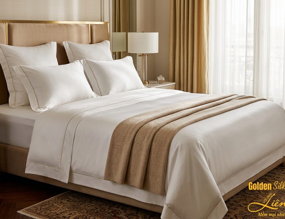 Phòng ngủ khách sạn 5 sao minh họa cách bộ linen cần đi cùng quy mô xoay phòng và kiểm soát tồn kho