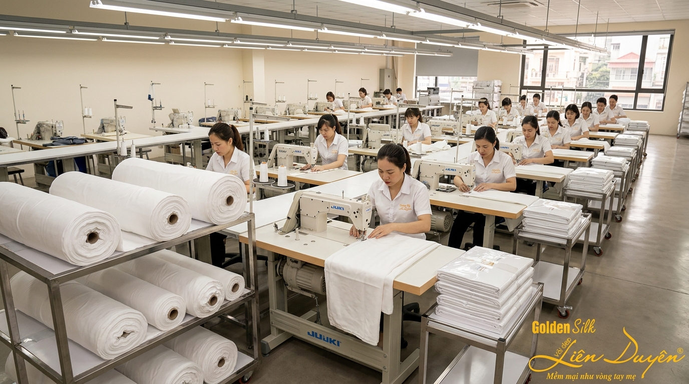 Tiêu chuẩn vệ sinh & an toàn ga giường khách sạn 2 Xưởng may hiện đại kiểm soát chất lượng ga giường khách sạn từ đường may đến độ sạch của thành phẩm