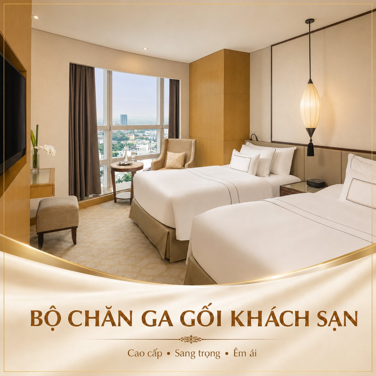Chăn ga gối đệm khách sạn tại Nha Trang – Khánh Hòa: chọn bộ nào hợp khí hậu biển? 1 Bộ chăn ga khách sạn sáng màu cho khu lưu trú ven biển Nha Trang