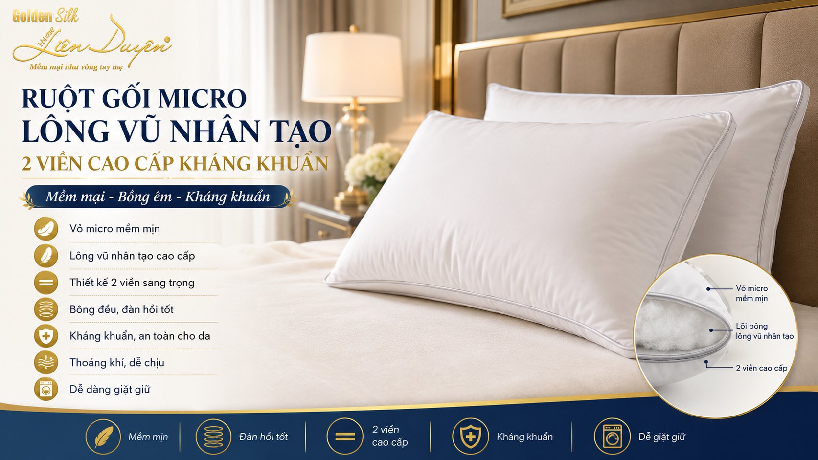Ruột gối Micro lông vũ nhân tạo 2 viền cao cấp kháng khuẩn Ruột gối Micro lông vũ nhân tạo 2 viền cao cấp kháng khuẩn - GoldenSilk