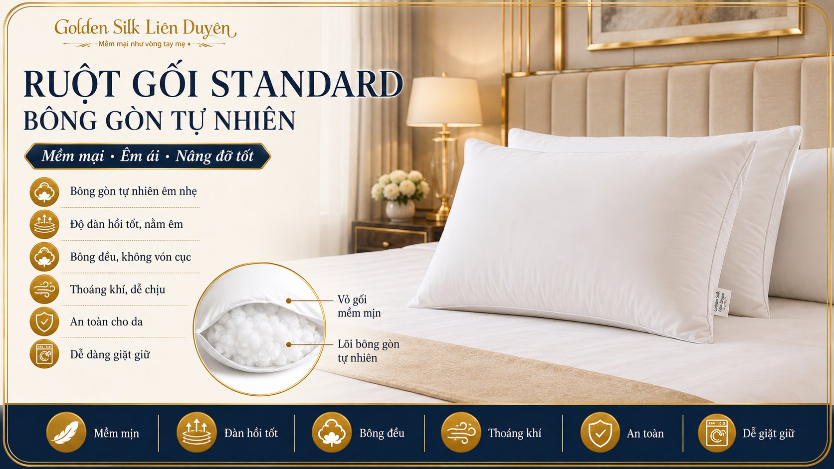 Ruột gối Standard bông gòn tự nhiên Ruột gối Standard bông gòn tự nhiên - GoldenSilk