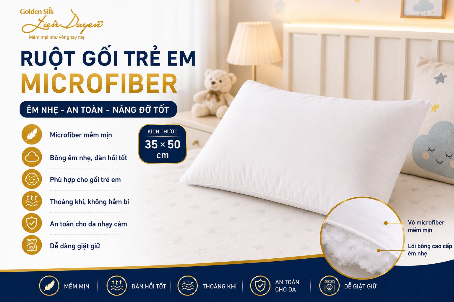 Ruột gối trẻ em Microfiber 35×50 Ruột gối trẻ em Microfiber 35×50 - GoldenSilk