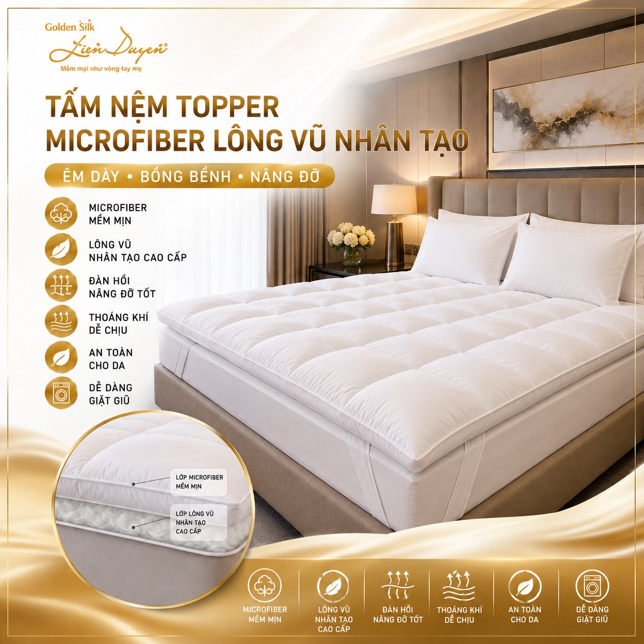 Tấm Nệm Topper Microfiber lông vũ nhân tạo Tấm Nệm Topper Microfiber lông vũ nhân tạo - GoldenSilk