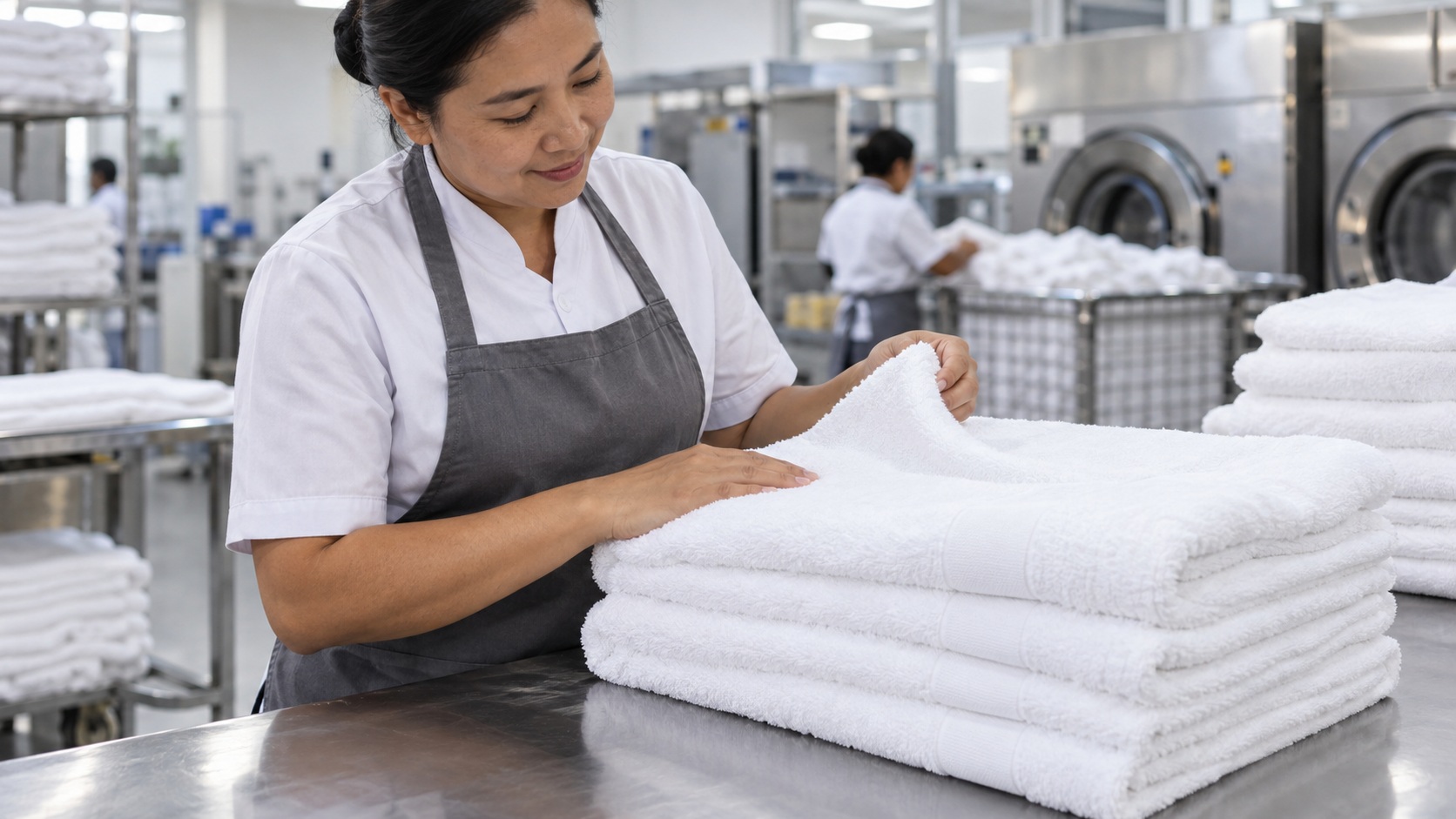 Quy trình giặt khăn khách sạn để giữ độ mềm và trắng 3 Kiểm tra khăn trắng sau khi sấy trong khu laundry