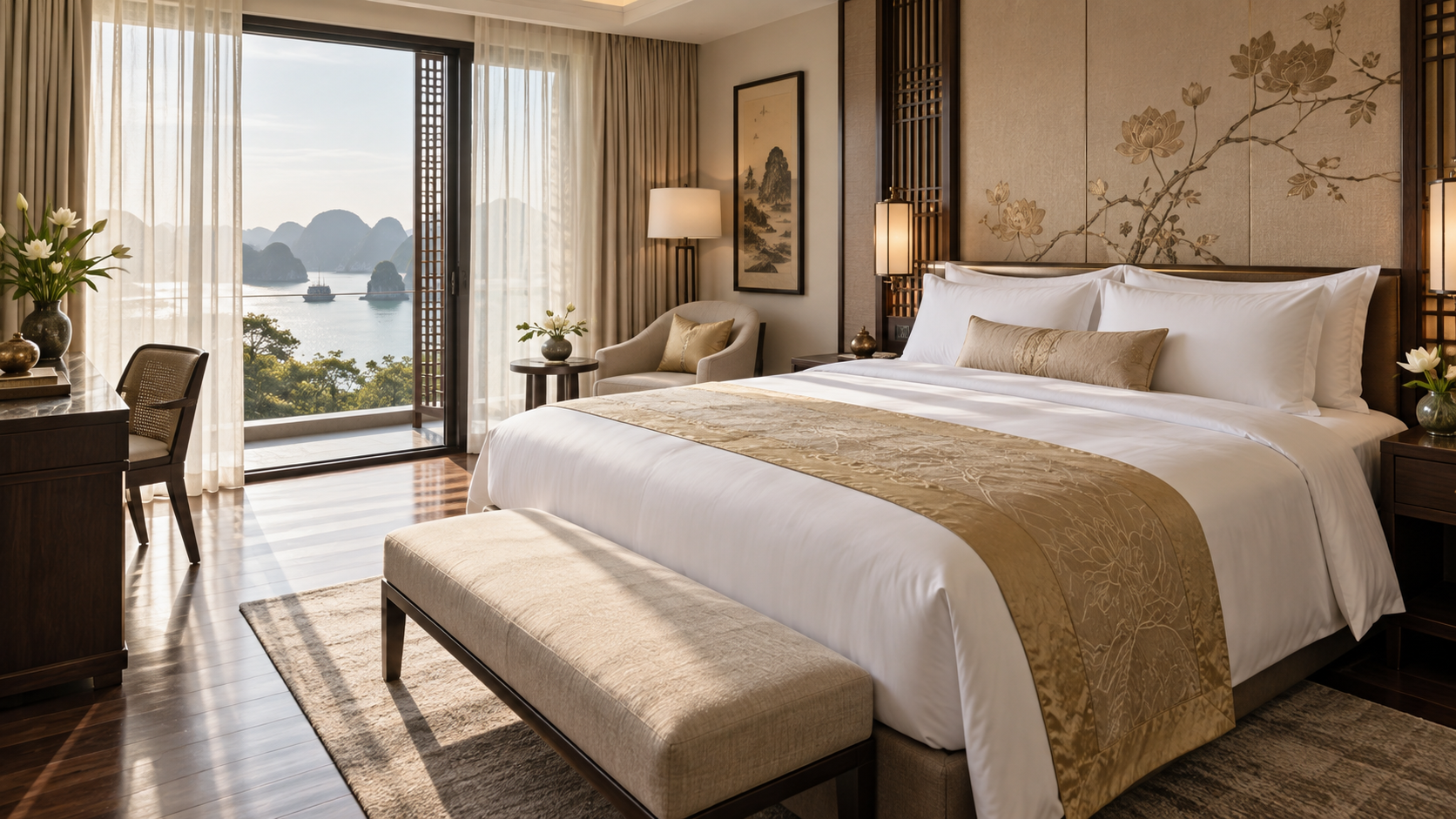 Miếng trải trên giường khách sạn màu champagne đặt ở cuối giường