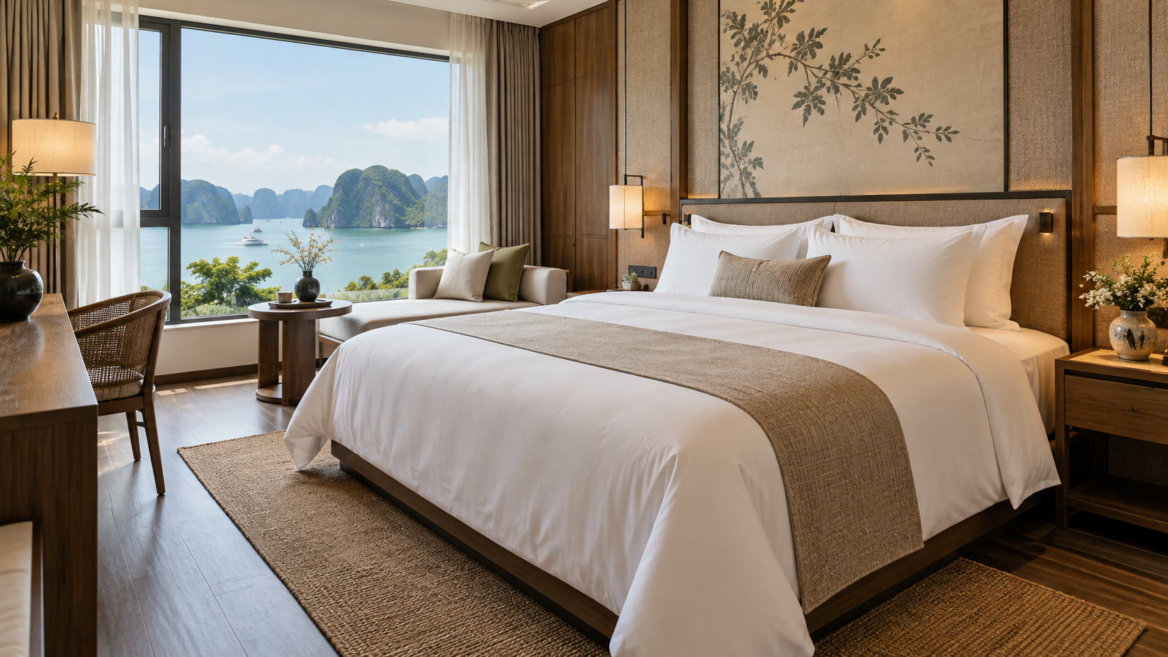 Phòng khách sạn mới khai trương với bộ chăn ga gối được chọn đồng bộ