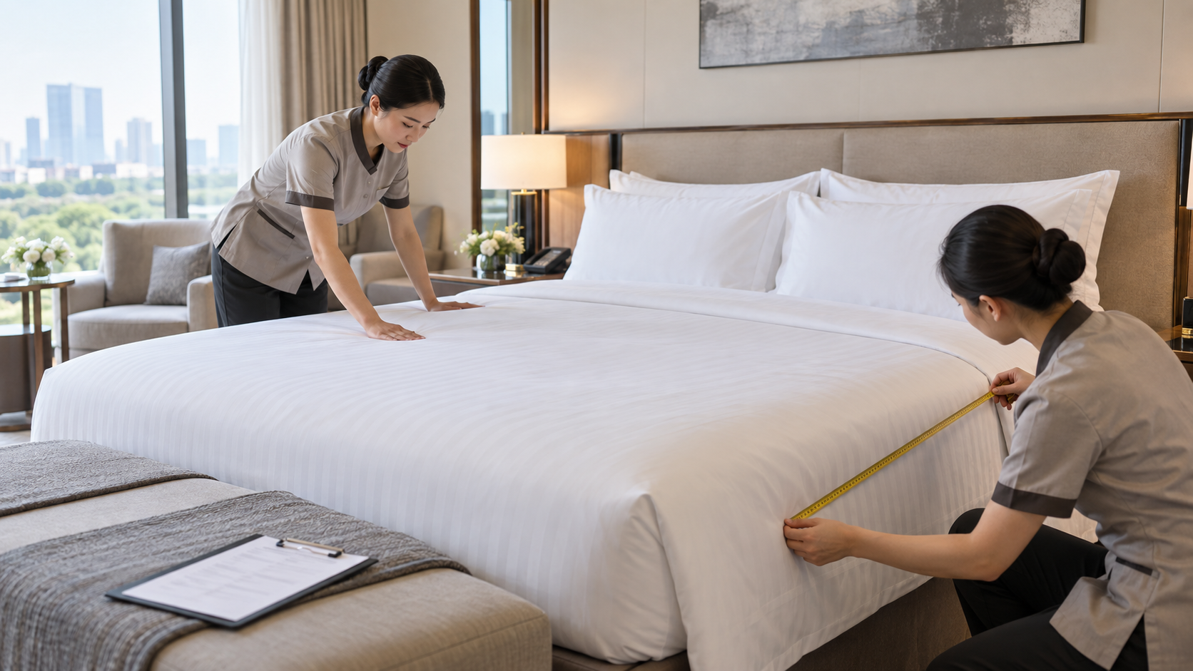 Nhân viên buồng phòng kiểm tra kích thước ga giường khách sạn