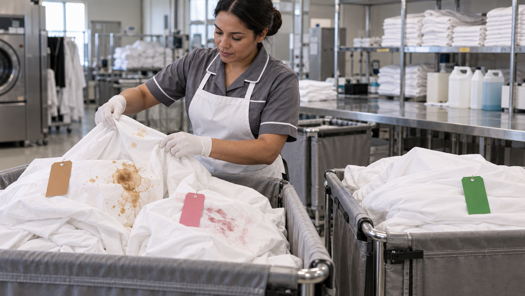 Phân loại ga giường có vết bẩn tại khu laundry khách sạn
