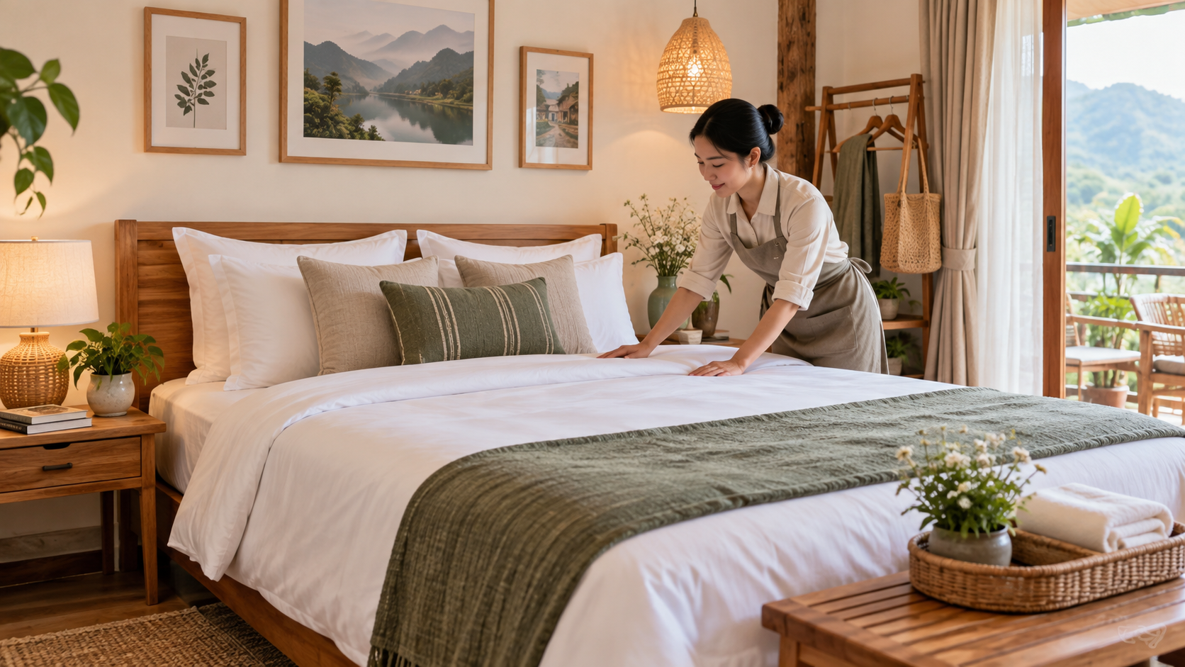 Phòng homestay với bộ chăn ga gối sạch, dễ vận hành