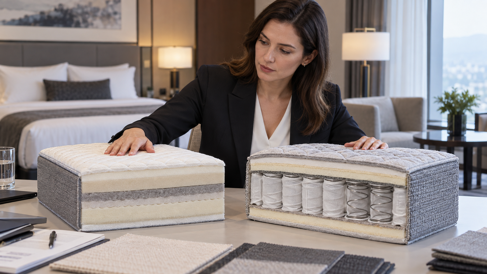 Nhân viên kiểm tra vật liệu đệm lò xo và đệm foam