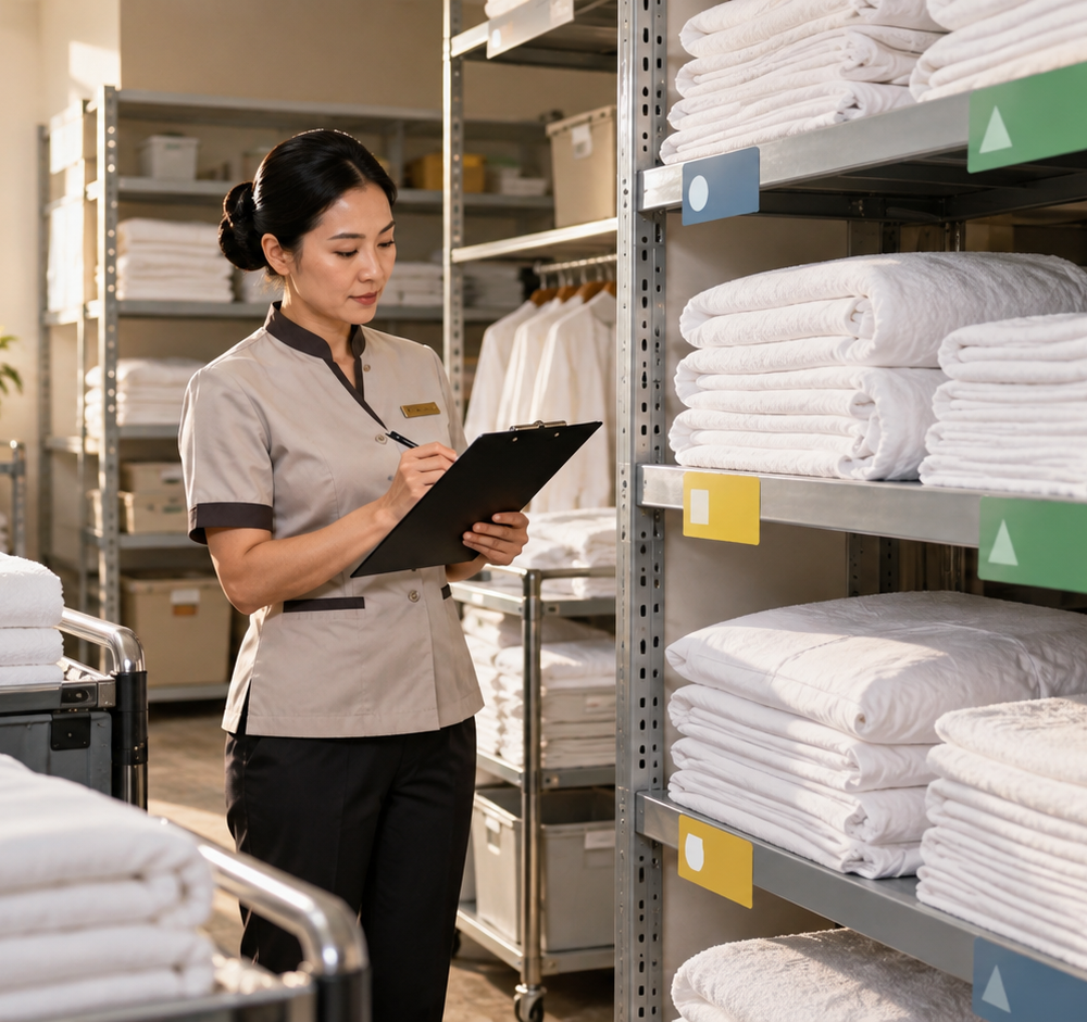 Phòng kho linen khách sạn sắp xếp chăn ga theo par stock