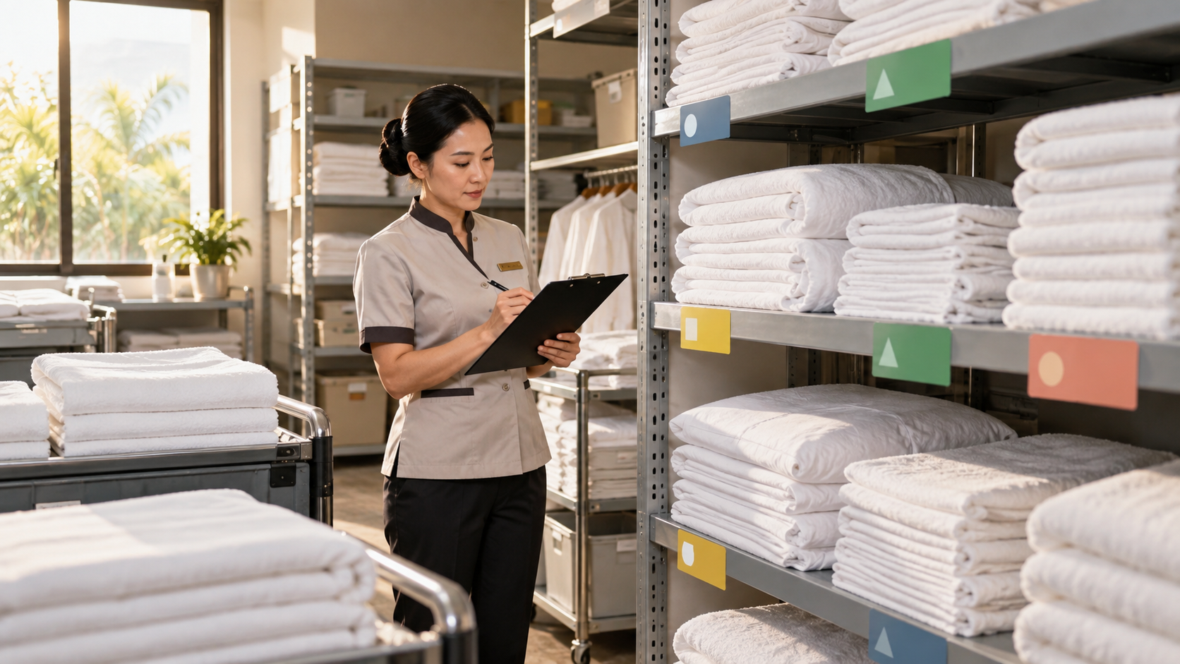 Phòng kho linen khách sạn sắp xếp chăn ga theo par stock