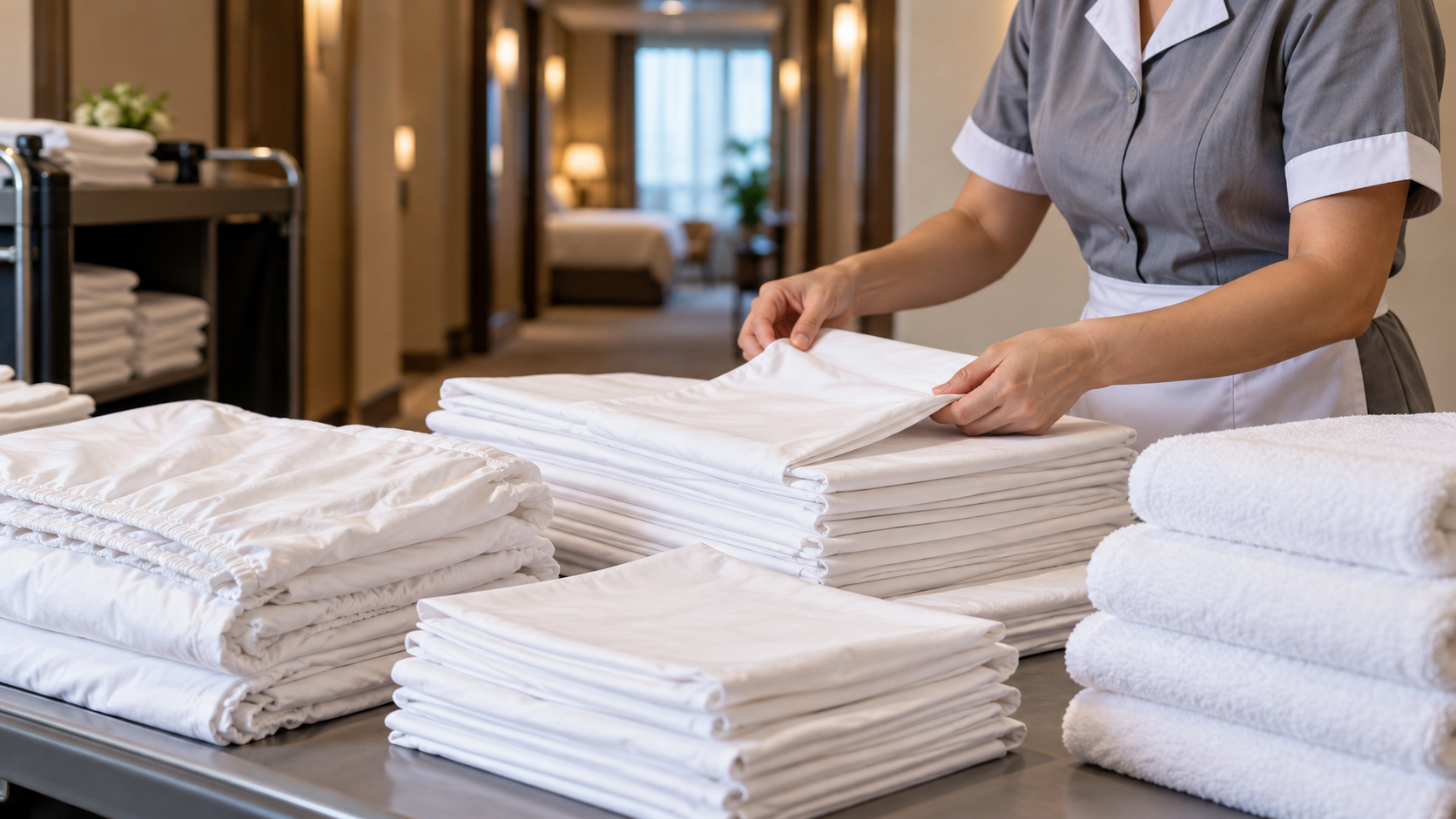 Nhân viên housekeeping đếm bộ linen cho nhiều phòng khách sạn