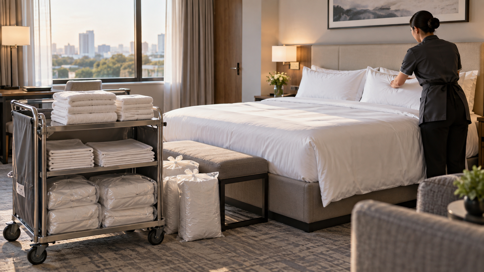 Xe đẩy linen và giường khách sạn trong quy trình chuẩn bị phòng