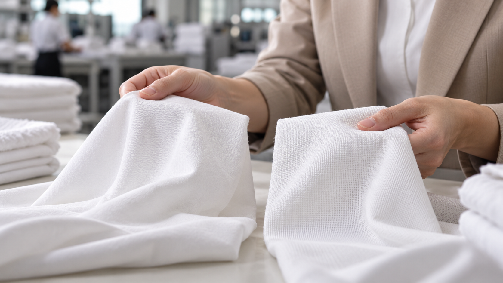 Nhân viên kiểm tra bề mặt và độ rủ của vải cotton và T/C