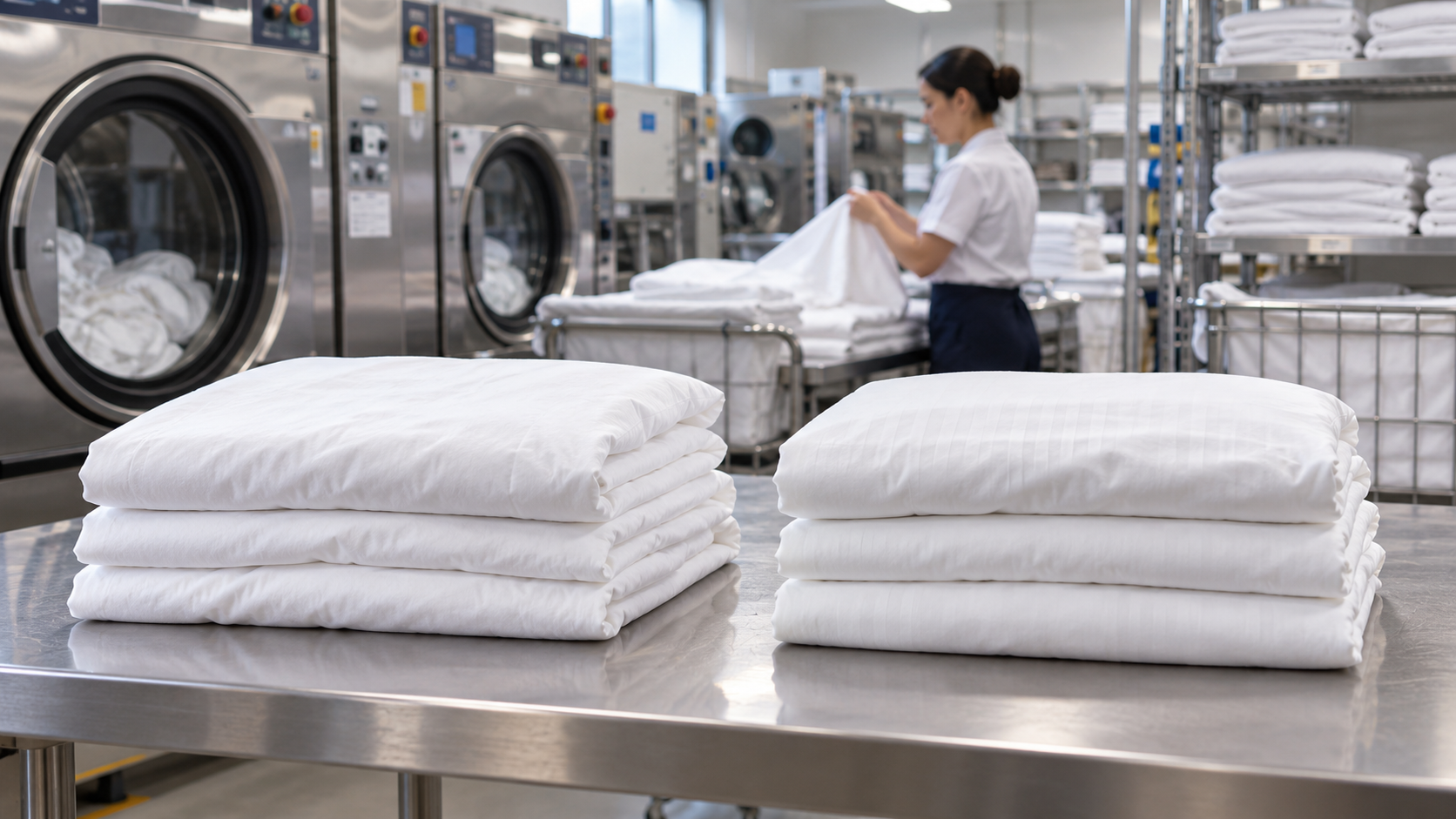 Khu vực giặt là khách sạn với chăn ga cotton và T/C được phân loại
