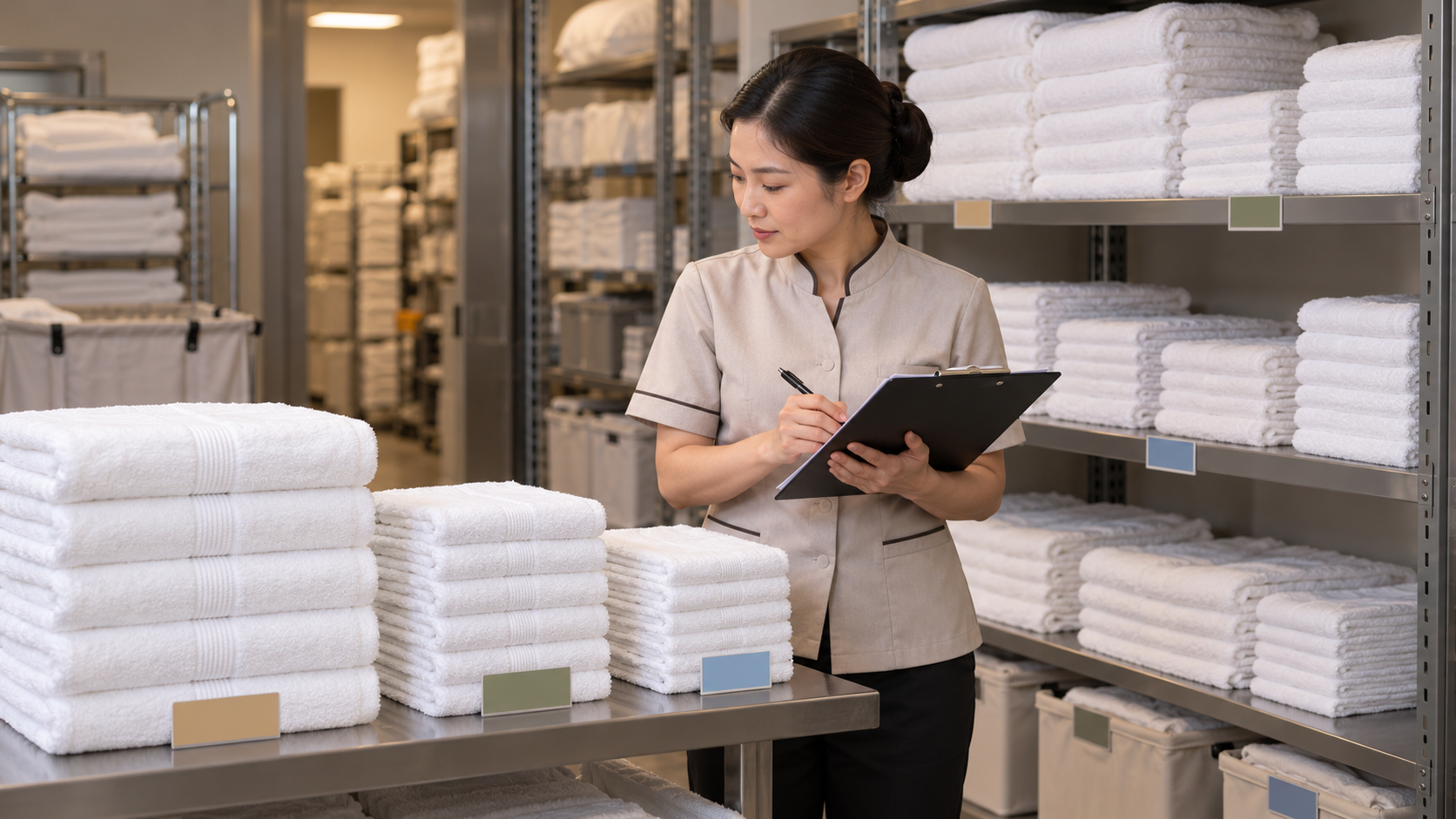 Nhân viên buồng phòng kiểm kê các chồng khăn trong kho linen