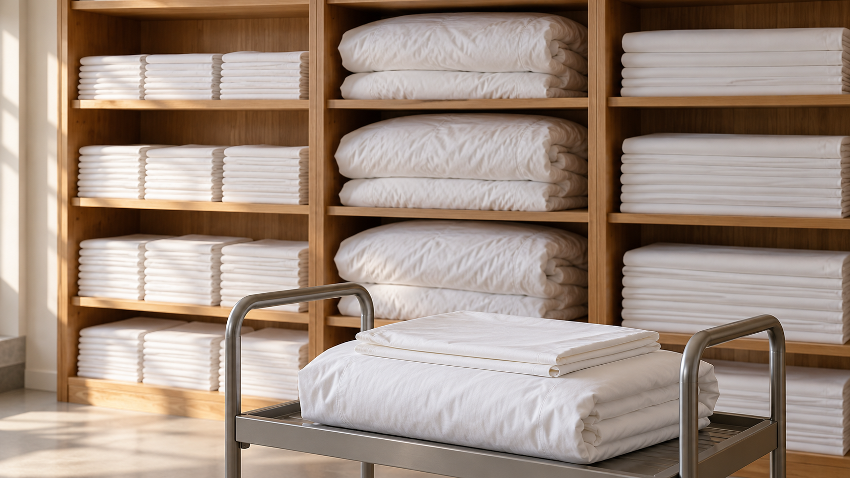 Kho linen khách sạn phân riêng các chồng ga vỏ chăn và vỏ gối trắng