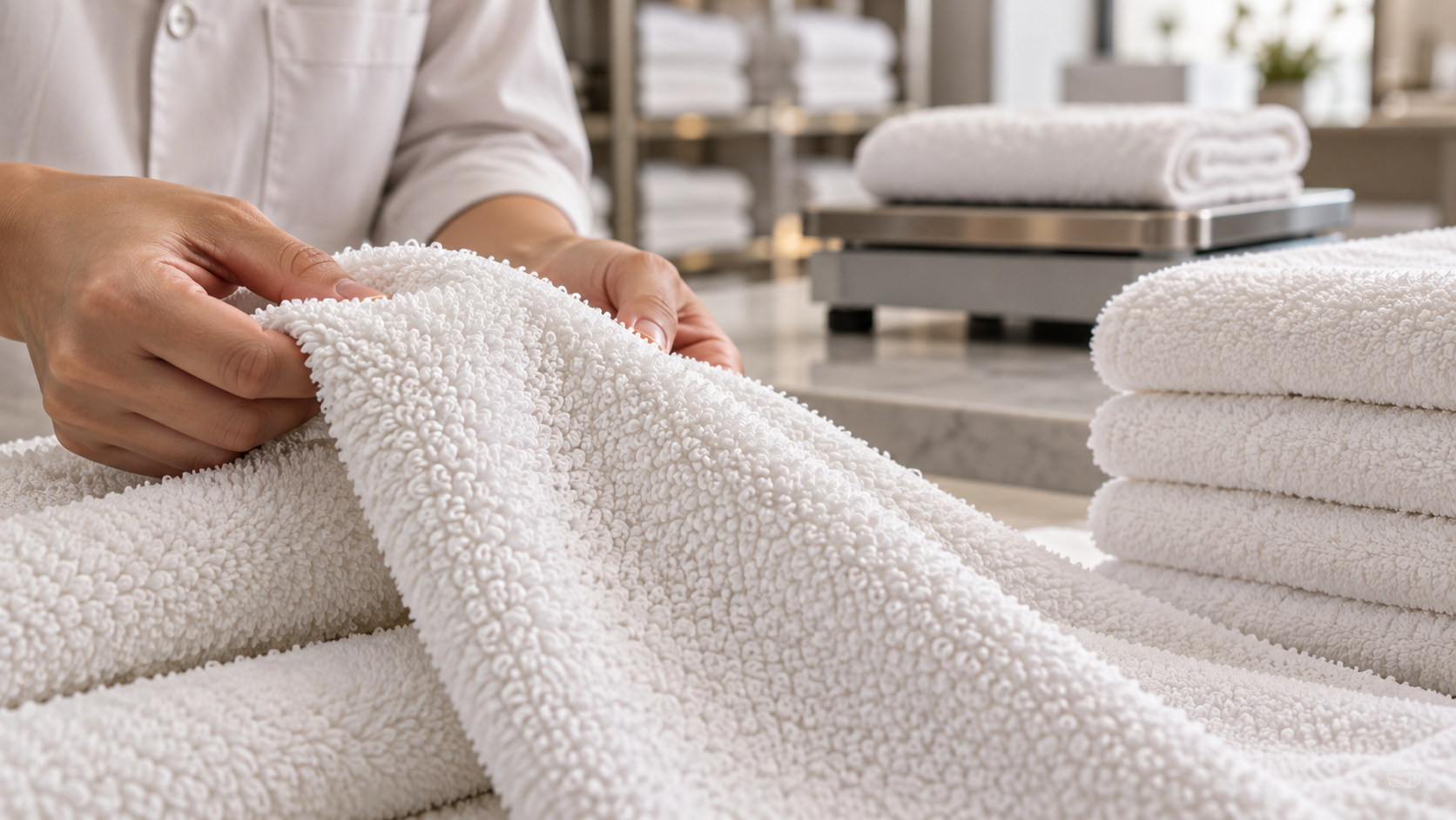 Cận cảnh bề mặt sợi vòng của khăn khách sạn trong phòng kiểm tra chất lượng