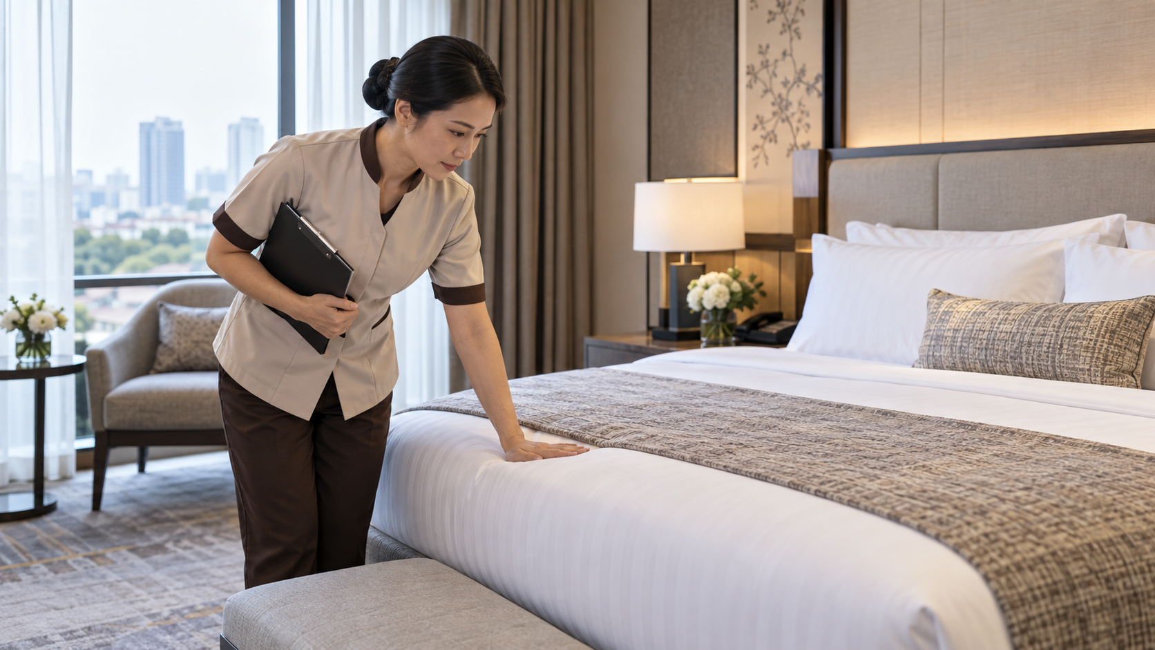 Nhân sự housekeeping kiểm tra độ nâng đỡ của đệm khách sạn