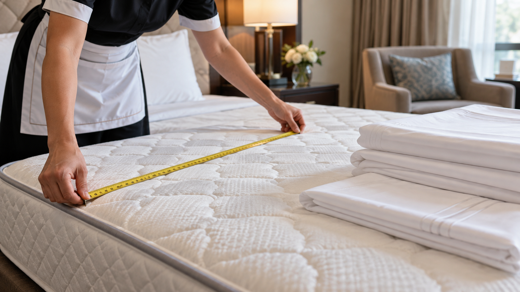 Bảng size chăn ga gối khách sạn theo từng loại giường 2 Nhân viên buồng phòng đo đệm khách sạn bằng thước dây