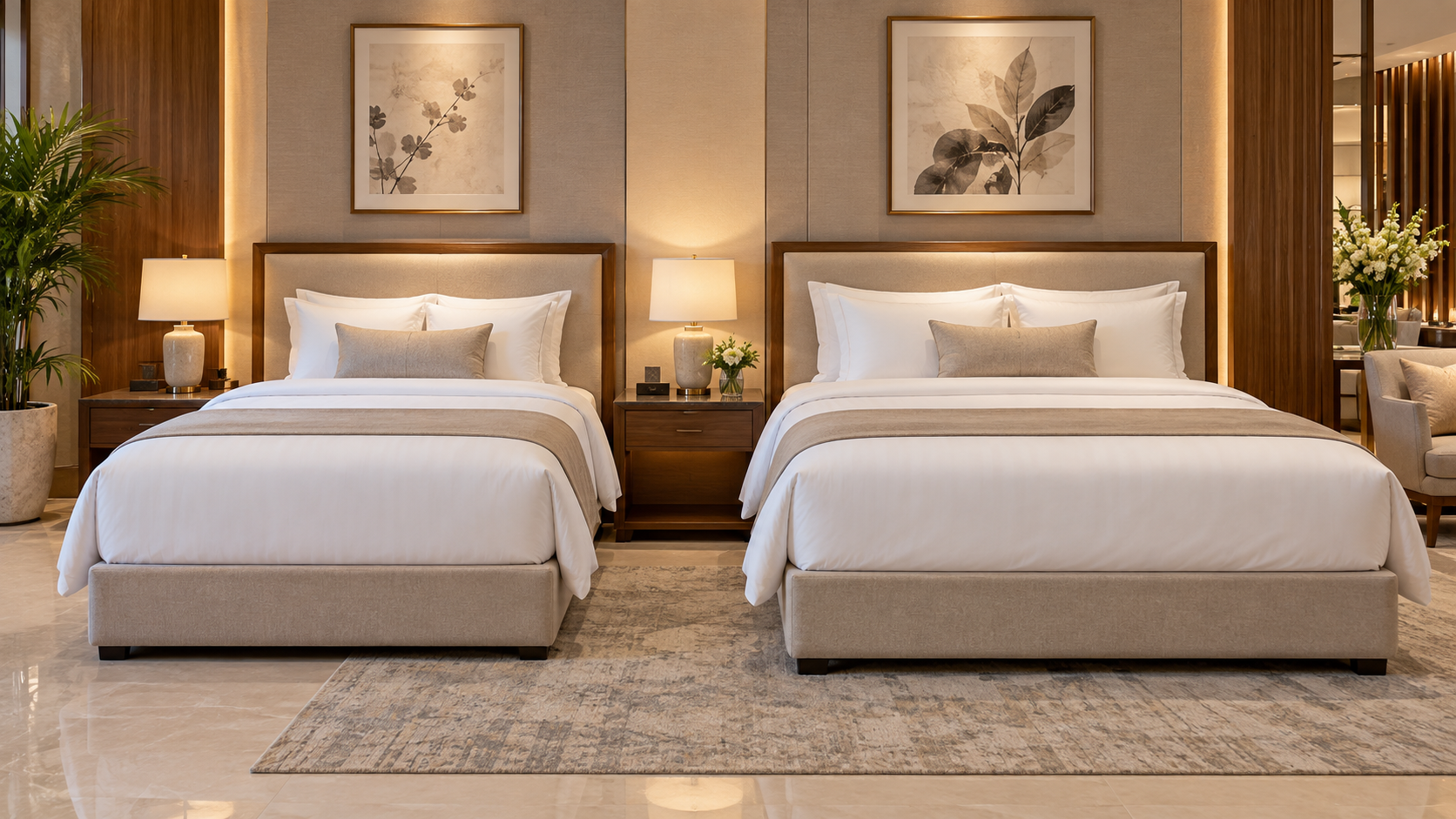 Bảng size chăn ga gối khách sạn theo từng loại giường 3 Hai giường khách sạn có kích thước khác nhau trong phòng mẫu