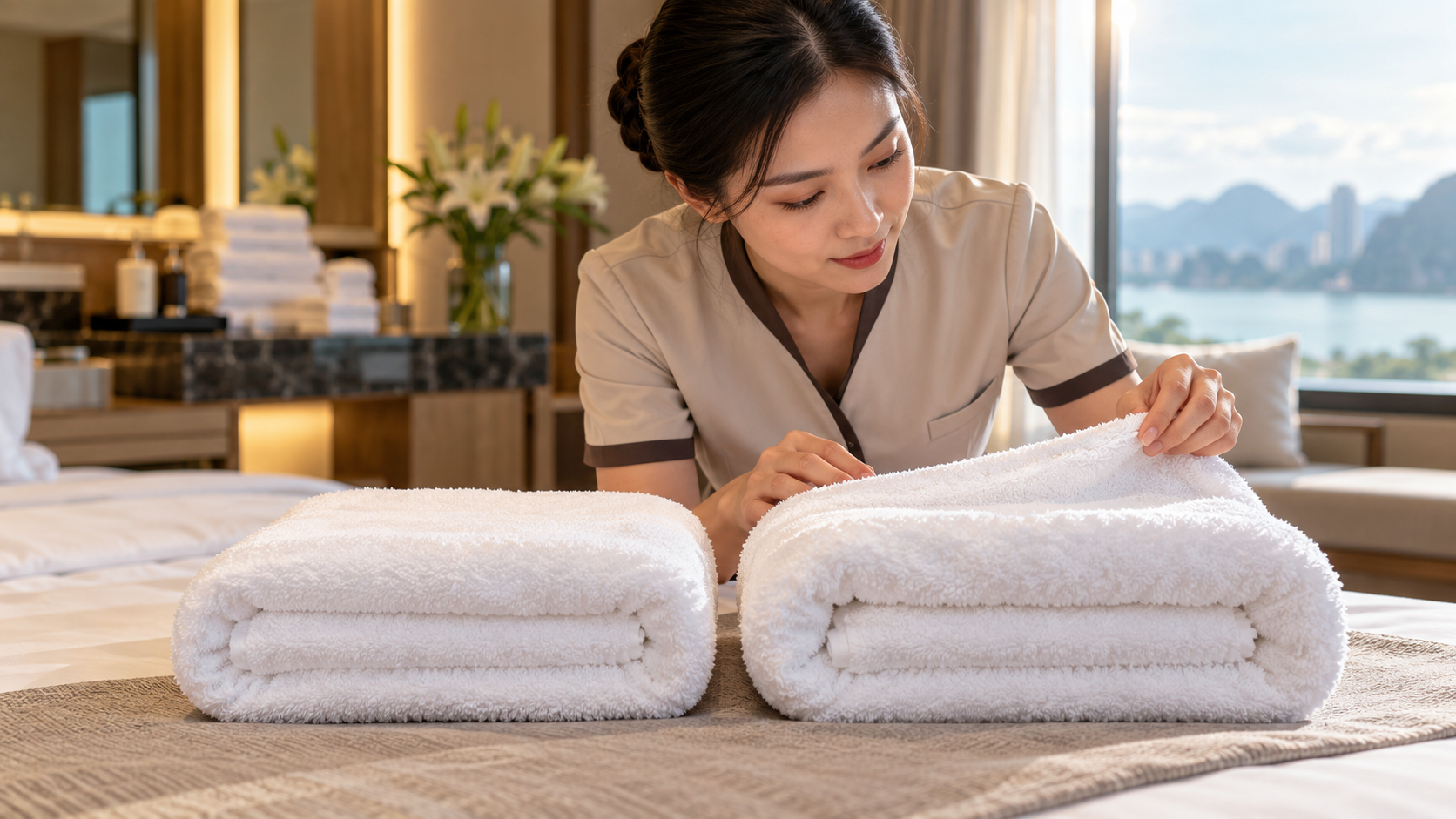 Khăn khách sạn 400 GSM và 500 GSM trong không gian phòng nghỉ cao cấp
