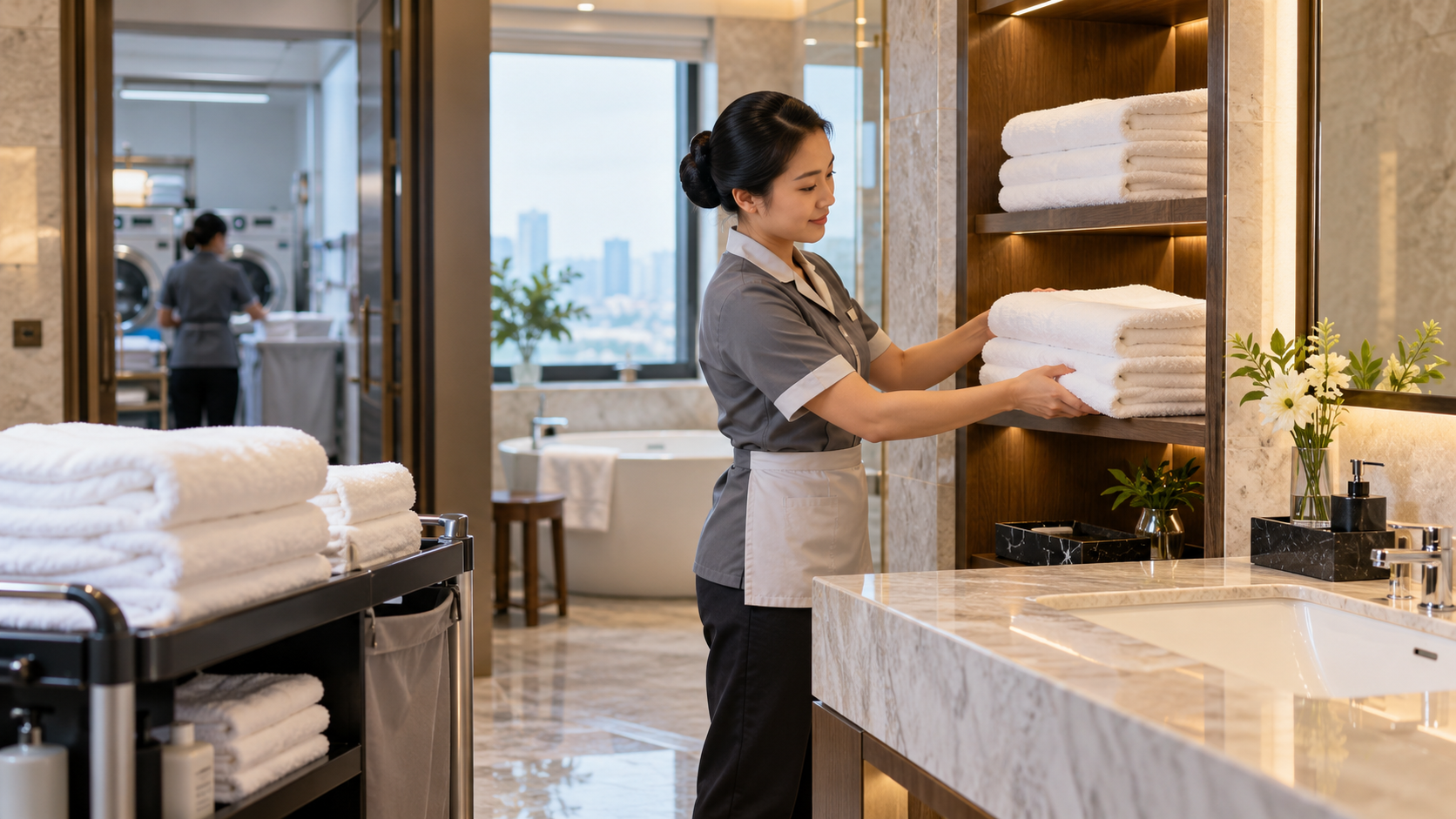 Nhân viên buồng phòng chuẩn bị khăn sạch cho phòng khách sạn