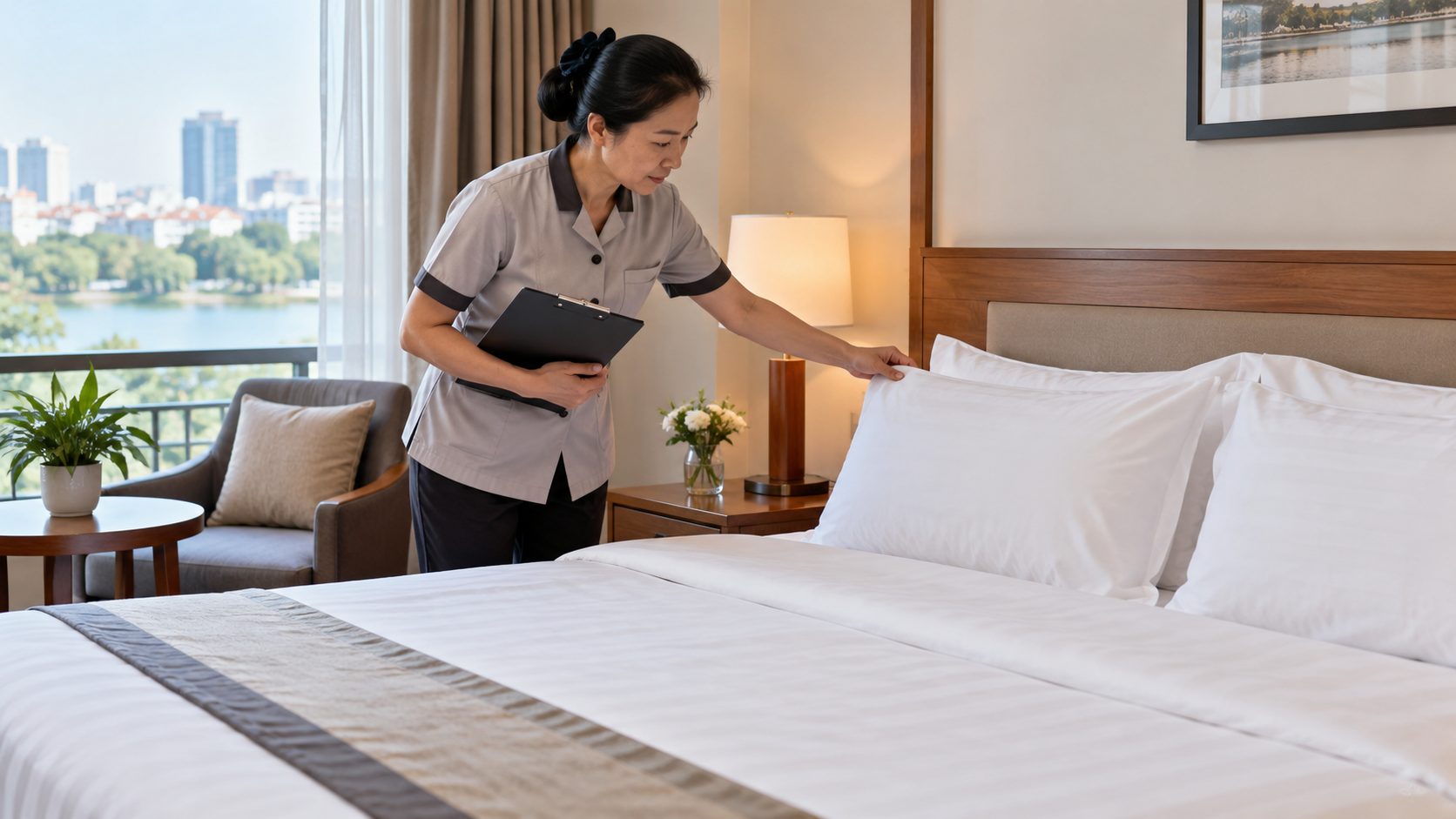 Tiêu chuẩn chăn ga gối cho khách sạn 3 sao 2 Nhân sự buồng phòng kiểm tra bộ chăn ga gối khách sạn