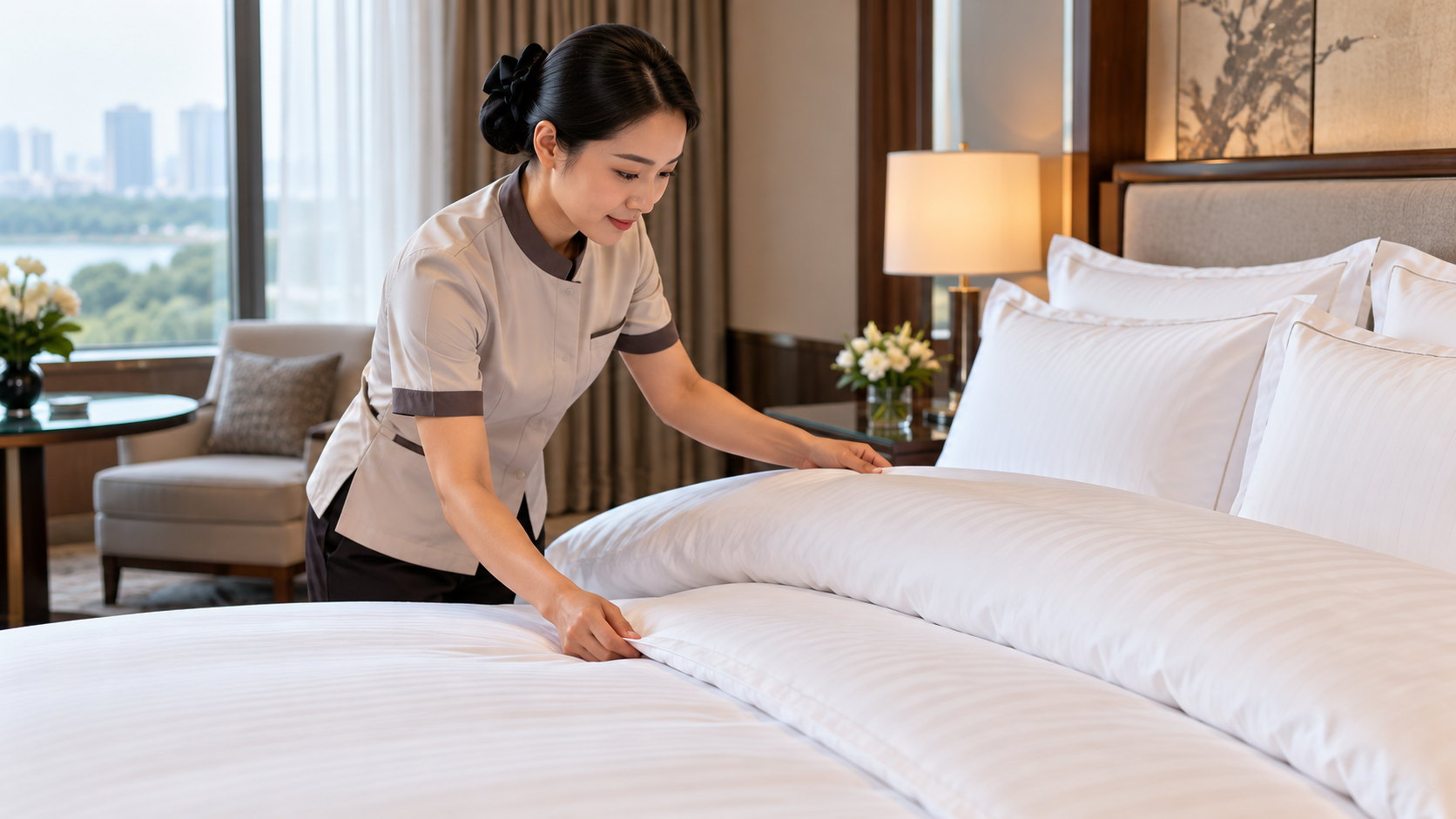 Nhân viên housekeeping kiểm tra bộ chăn ga trong phòng khách sạn 4 sao