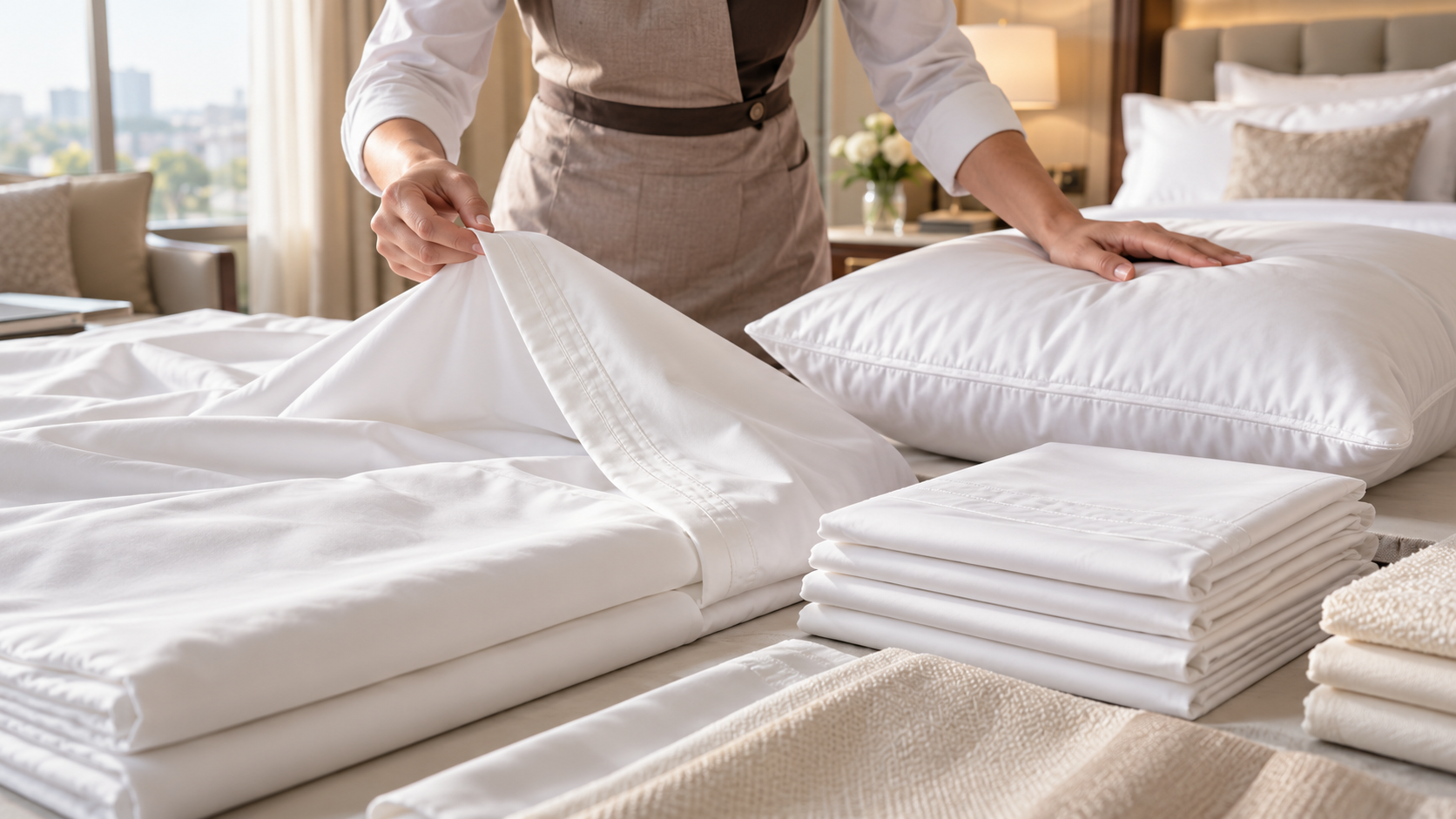 Kiểm tra đường may và chất lượng bộ chăn ga khách sạn trước nghiệm thu