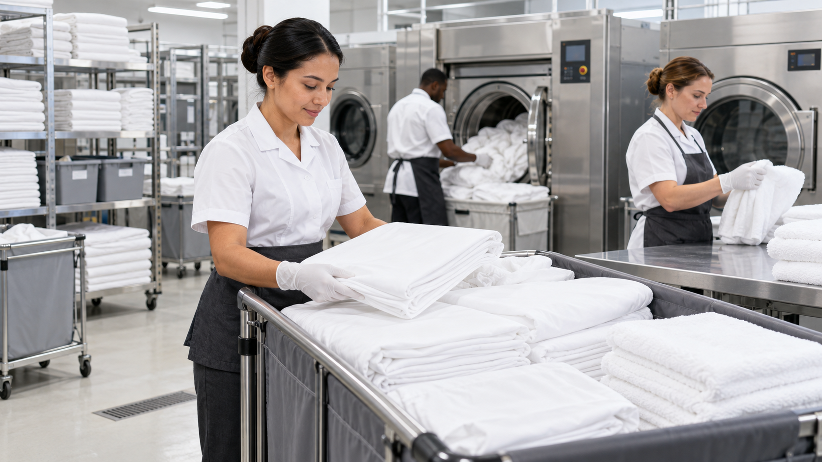 Tiêu chuẩn chăn ga gối cho khách sạn 5 sao 3 Nhân viên phân loại linen trong phòng giặt là khách sạn