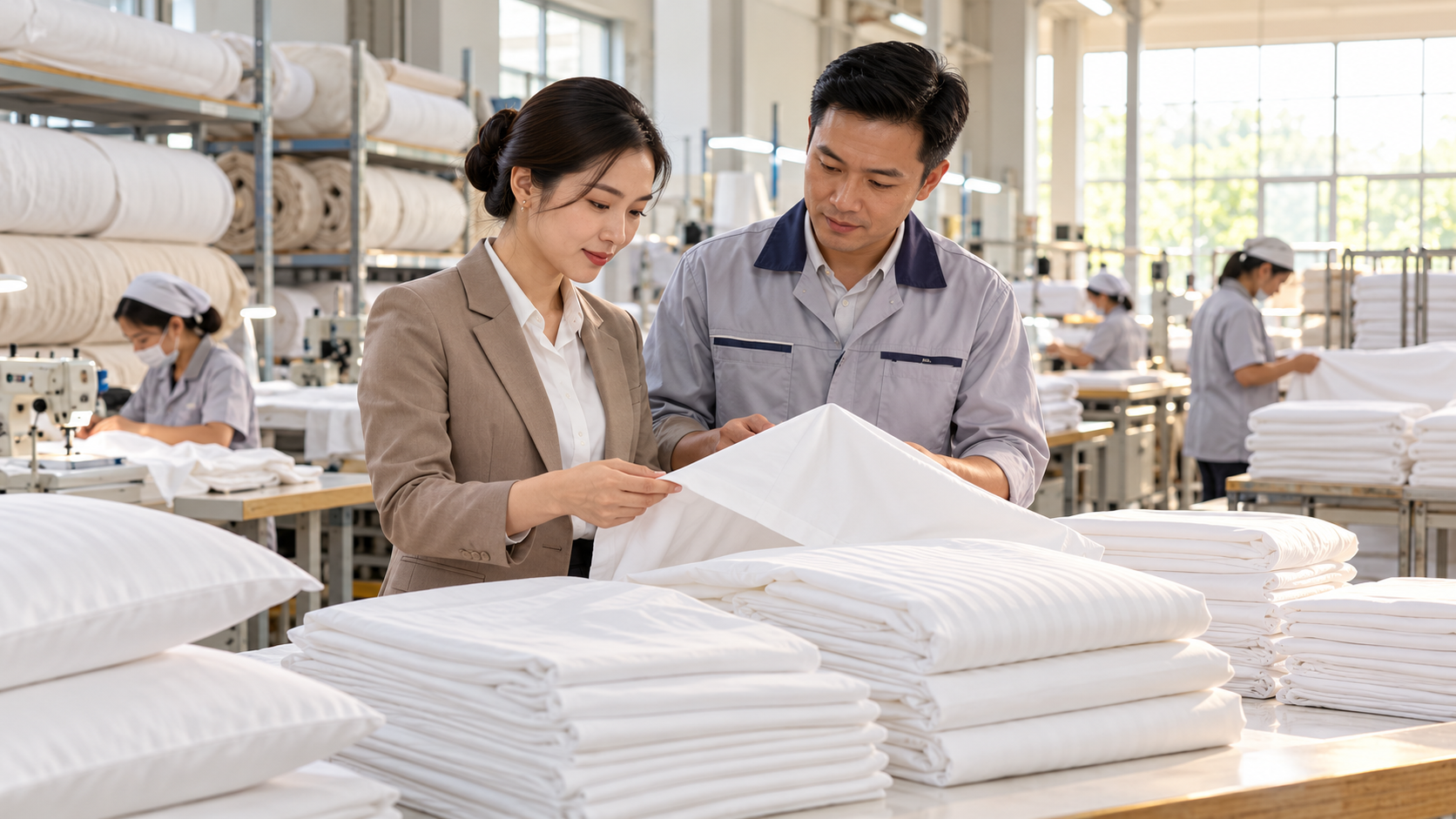 Quy trình đặt chăn ga gối khách sạn tại xưởng dệt