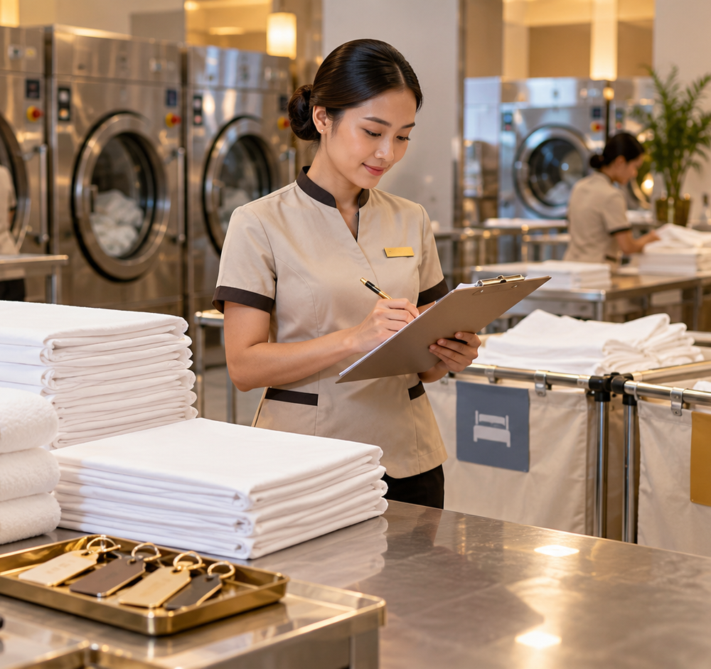 Quản lý kiểm tra chất lượng chăn ga trong phòng khách sạn